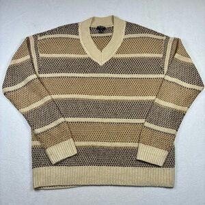 Todd Snyder Linen Open Knit V-neck Sweater Brown Tan Cream Striped XL $398